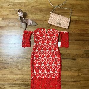 Red Lace Off The Shoulder Cocktail Dress